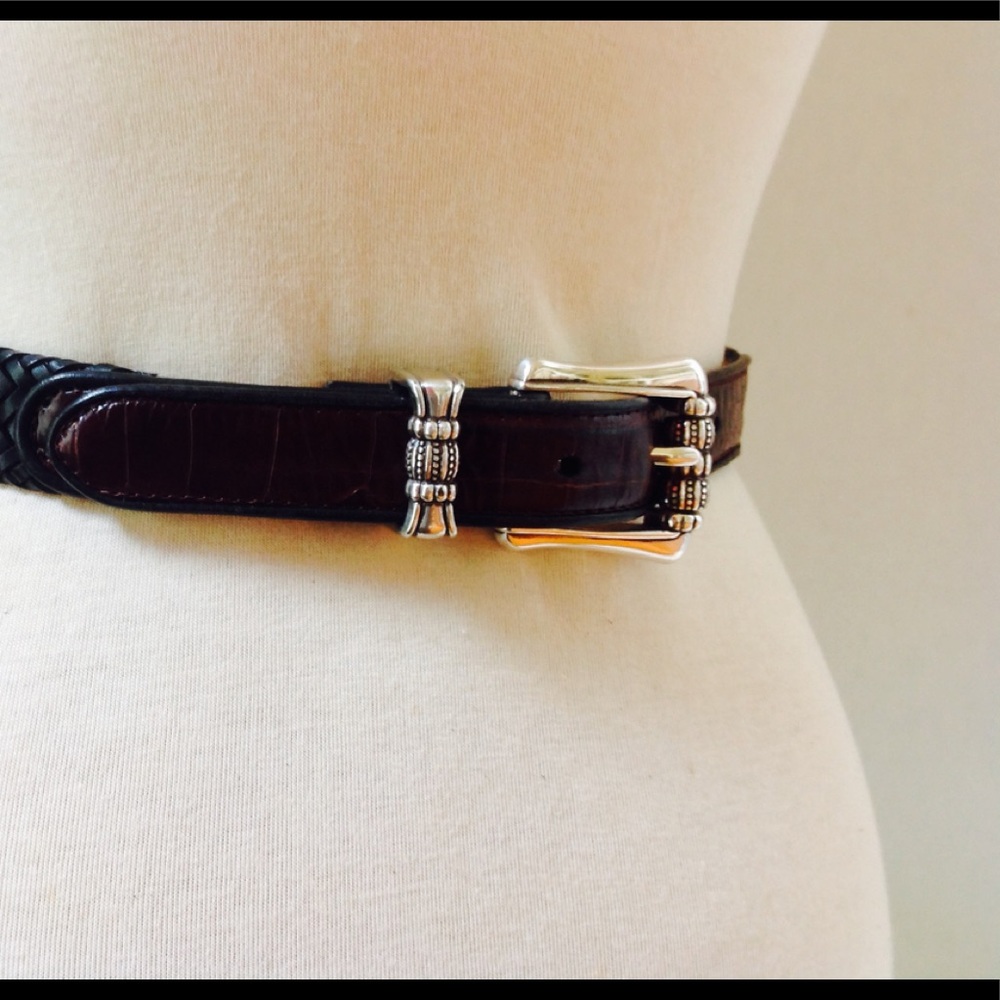 Brighton Black Leather Belt Braided Silver Men's